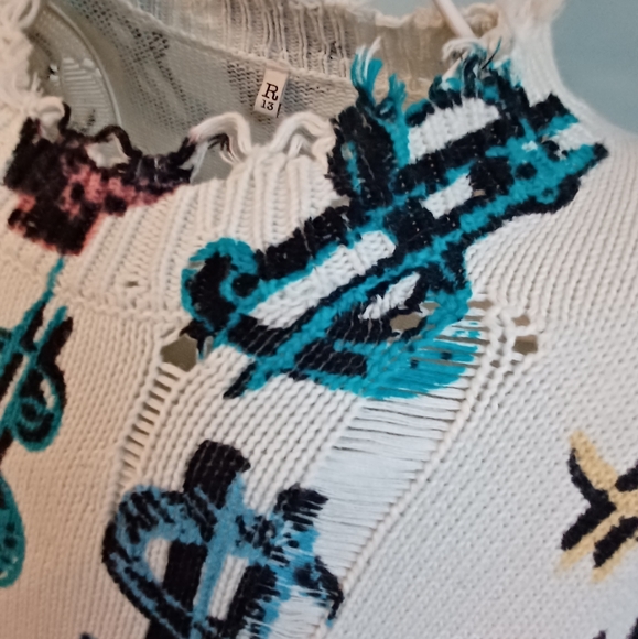 EUC R13 Distressed Cotton Dollar Sign Motif Long Sleeve Sweater - Picture 5 of 7